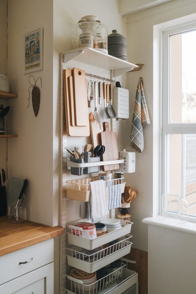 Vertical storage rack in a small kitchen holding utensils
