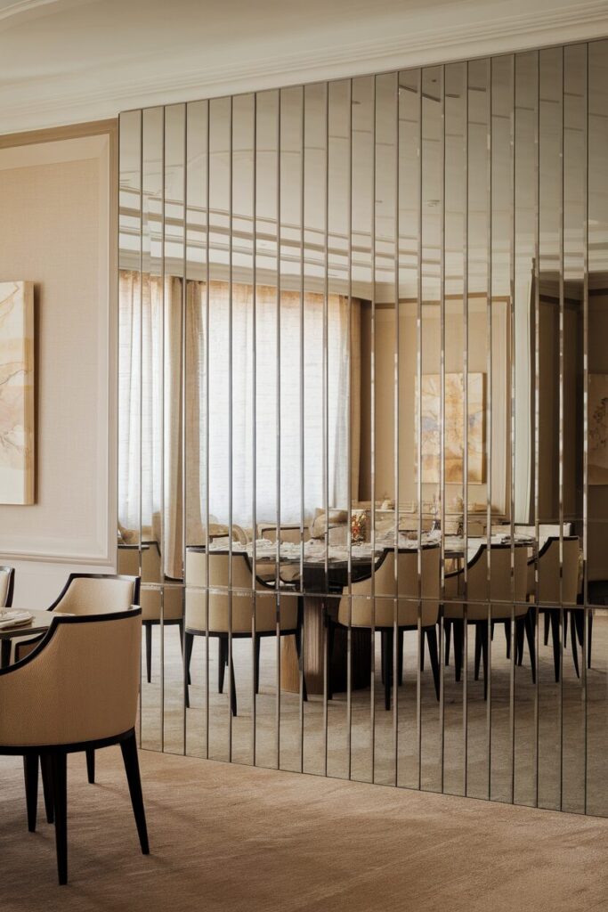 Elegant dining room or hallway with full or partial mirrored wall panels