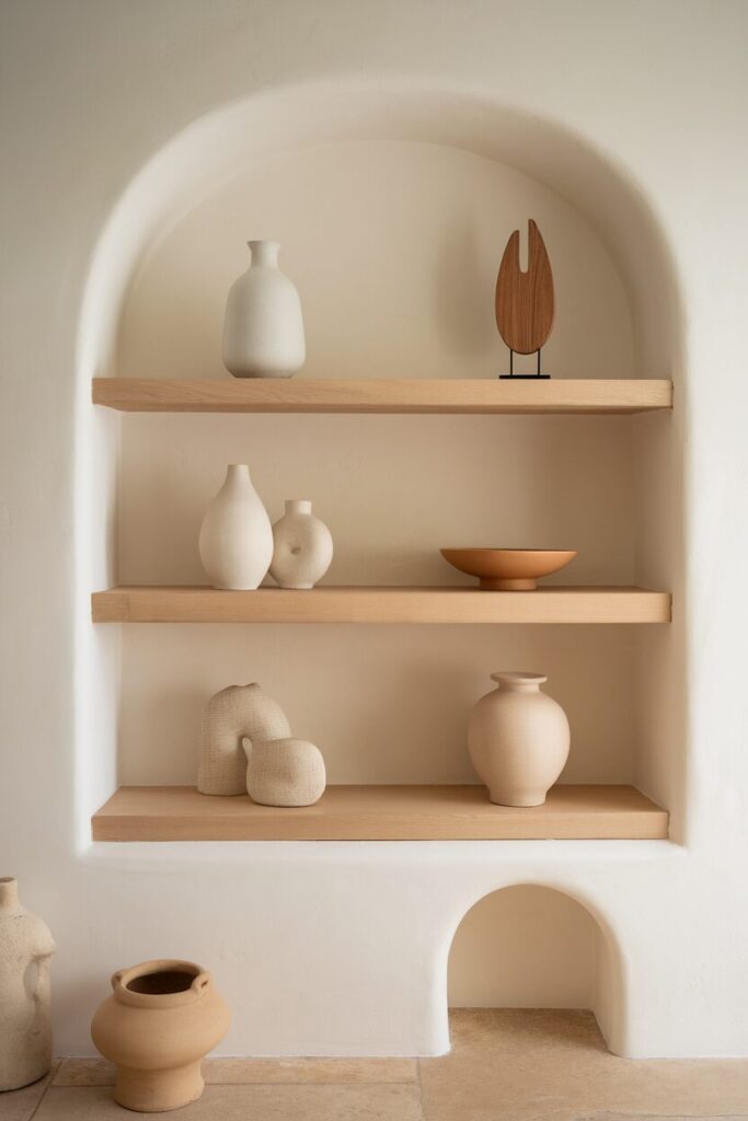 Minimalist open shelving featuring decor pieces in a soft