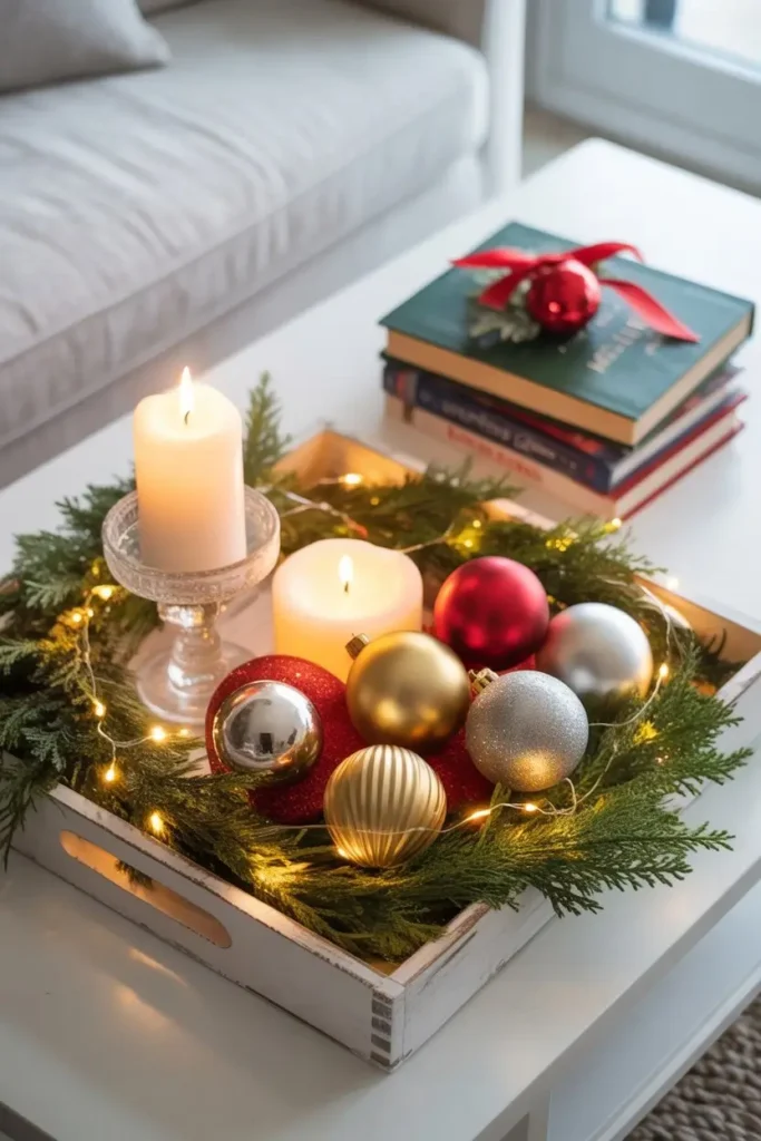 Christmas Coffee Table Decor with Lights and Candles